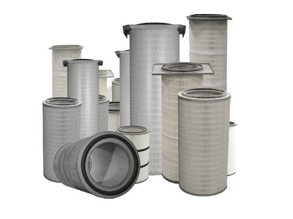 Several different sizes of air dust collector filter cartridges.