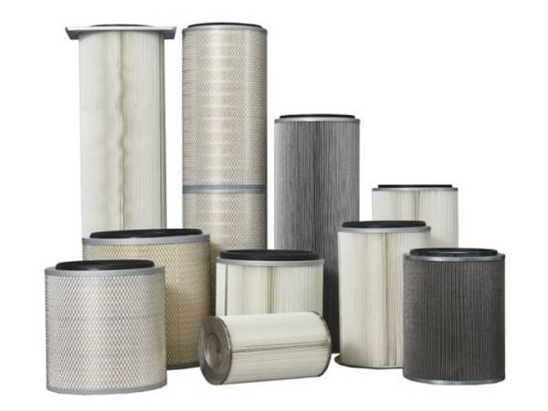 Several air dust filter cartridges and panel filters on white background.