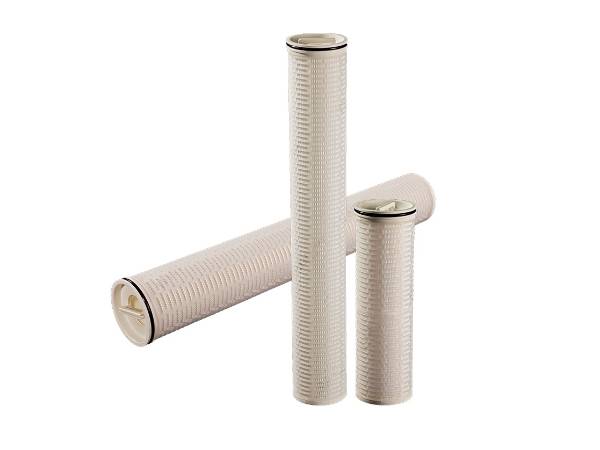 Three high flow water filter cartridge on white background.