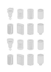 Several different types of replacement filter elements on white background.